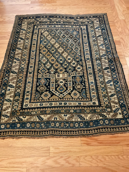 Antique Russian Kazak Rug, 4'8" x 5'5", in beige, blue, ivory and navy - photo 4