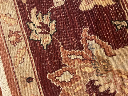 Pakistani Peshawar Rug, 8'10" x 11'8", in beige, burgundy and gold
