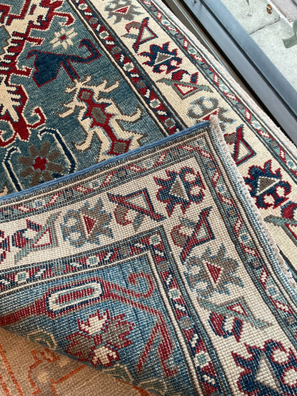 Afghan Kazak Runner, 2'9" x 9'7", in ivory, navy, red and teal - photo 3