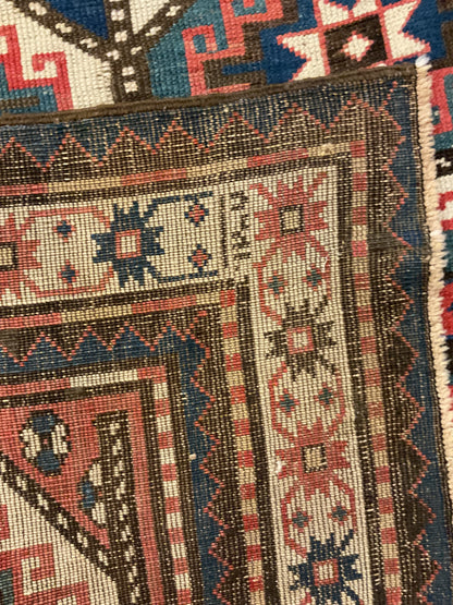 Antique Russian Kazak Runner, 3'9" x 6'7", in blue, ivory, navy and red - photo 3