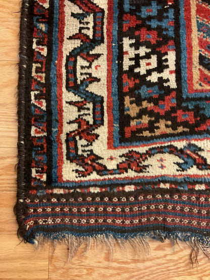 Antique Persian Kurdish Rug, 4' x 5'6", in blue, ivory, navy and red - photo 3