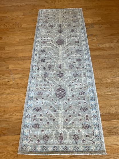 Afghan Oushak Runner, 2'9" x 8', in baby blue, grey, ivory and plum