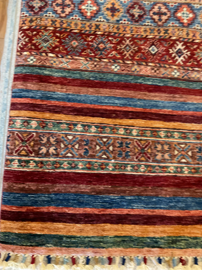 Afghan Turkman Runner, 2'5" x 6'4", in blue, gold, red and teal - photo 2