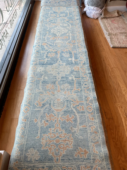 Turkish Oushak Runner, 2'9" x 15'9", in baby blue, ivory and peach - photo 2