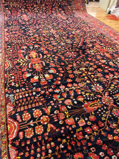 Antique Persian Mehraban Rug, 12'6" x 25', in navy, pink and red - photo 5