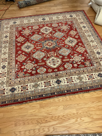 Afghan Kazak Rug, 8'8" x 8'10", in beige, blue, ivory and red