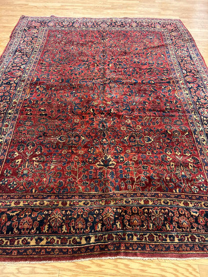 Antique Persian Sarouk Rug, 8'8" x 11'5", in blue, gold, ivory and navy