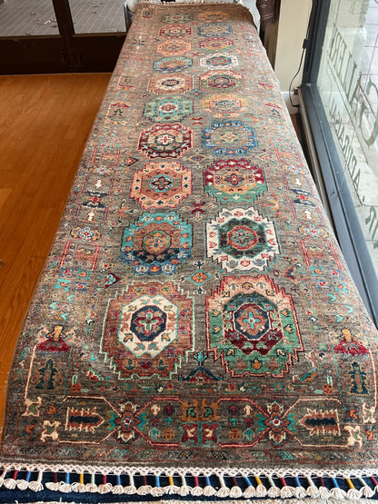 Afghan Turkman Runner, 2'8" x 10'2", in gold, grey, red and salmon - photo 2