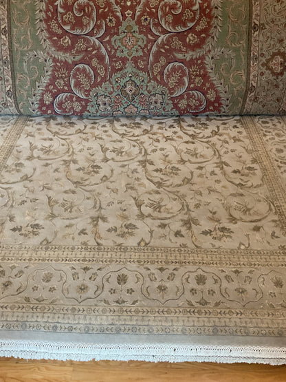 Indian Agra Jaipur Rug with Silk, 10' x 14', in beige, green and ivory