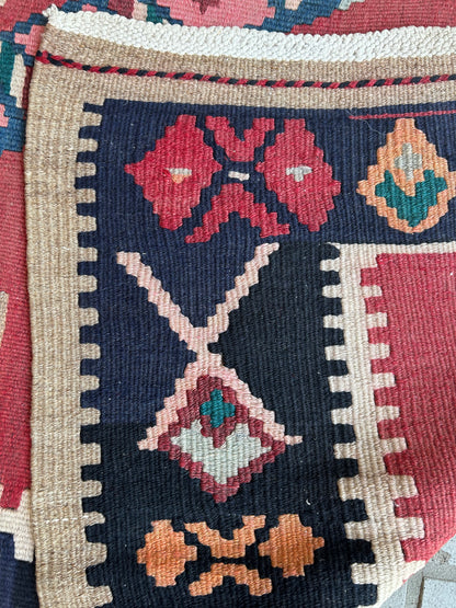 Vintage Turkish Bessarabian Kilim, 5' x 12'7", in ivory, navy, orange and red - photo 4