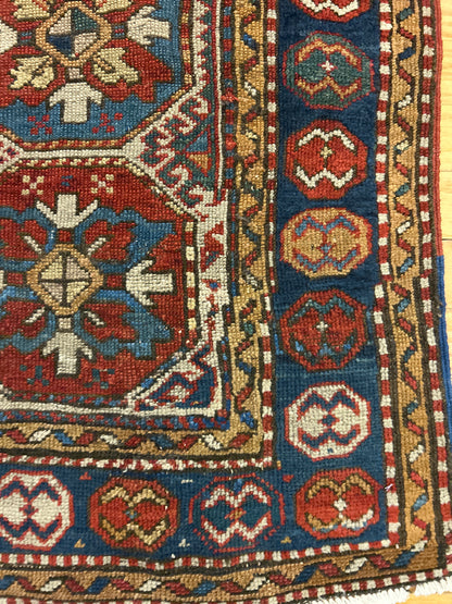 Antique Russian Kazak Runner, 4' x 8'5", in blue, gold, ivory and navy - photo 2