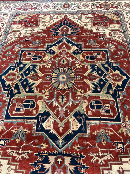Indian Heriz Rug, 8'11" x 11'11", in ivory, navy, red and teal - photo 2