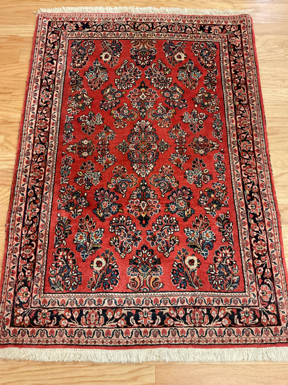Antique Persian Sarouk Rug, 3'3" x 4'9", in ivory, navy, red and salmon