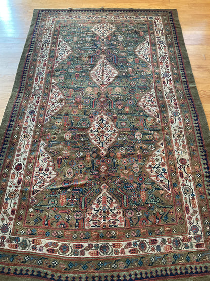 Antique Persian Sarab Rug, 5'1" x 8'8", in green, ivory, navy and red
