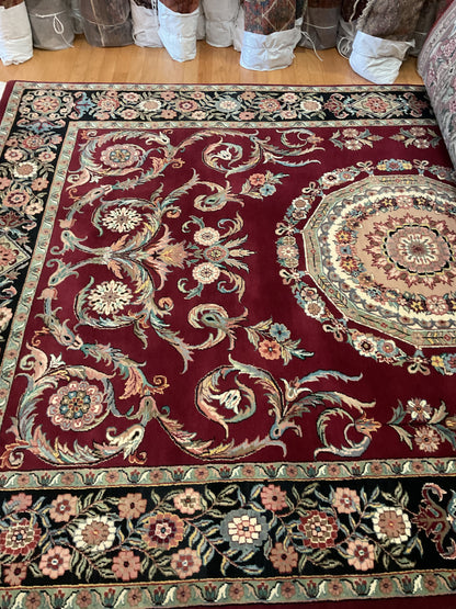 Indian Sharad Rug, 5'11" x 9'5", in black, burgundy, green and pink