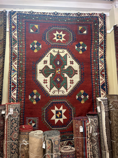 Antique Russian Lori Pambak Rug, 6'8" x 9'8", in blue, green, ivory and red