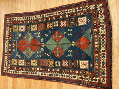 Antique Russian Kazak Rug, 3' x 4'9", in blue, brick and green - photo 3