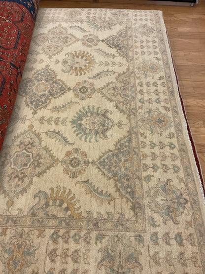 Pakistani Peshawar Rug, 8'1" x 10'3", in beige, gold, grey and ivory