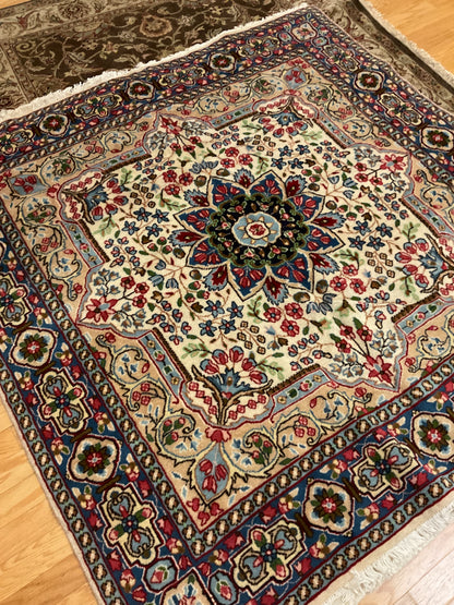 Vintage Persian Kerman Rug, 6' x 6', in beige, green, ivory and navy - photo 4