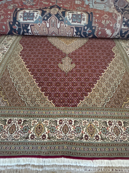 Persian Tabriz Rug with Silk, 6'6" x 9'9", in beige, burgundy, ivory and sea moss