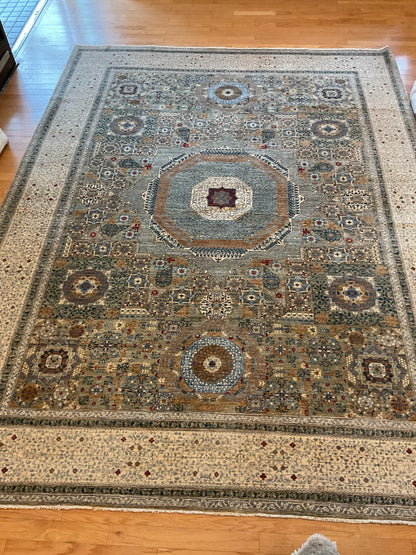 Afghan Mamluk Rug, 9' x 11'10", in beige, blue, gold and grey - photo 4