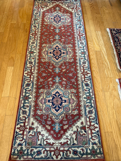 Indian Heriz Runner, 2'9" x 8'1", in baby blue, ivory, navy and rust