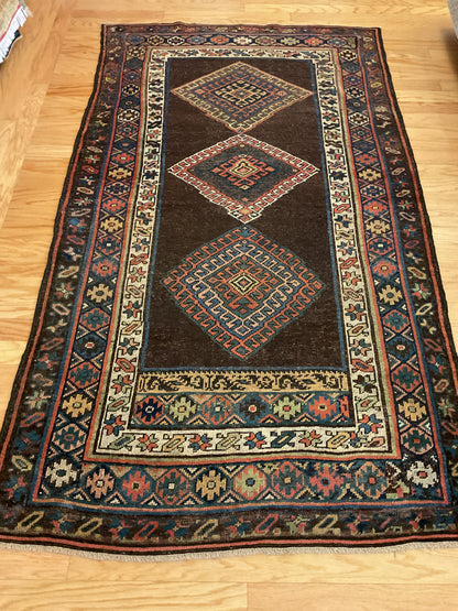 Antique Persian Kurdish Rug, 4'1" x 7'3", in brown, ivory, navy and rust - photo 2