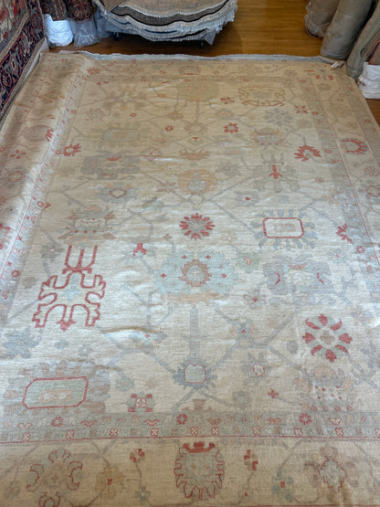 Afghan Oushak Rug, 11'9" x 15'9", in baby blue, gold, grey and ivory - photo 2