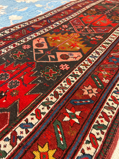 Antique Russian Kazak Runner, 3' x 10'3", in black, green, ivory and orange - photo 4