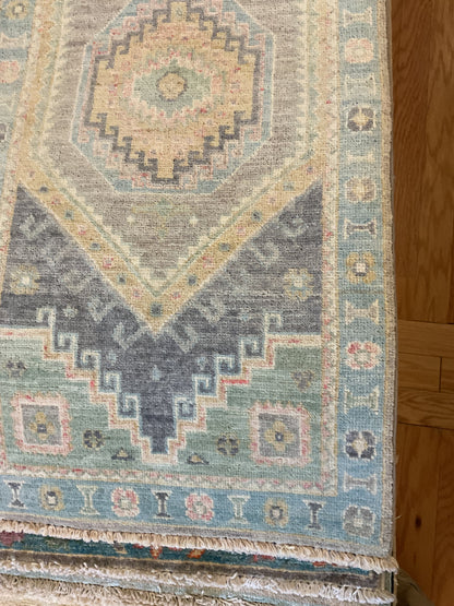 Afghan Oushak Runner, 2' x 6'5", in baby blue, beige, blue and grey - photo 2