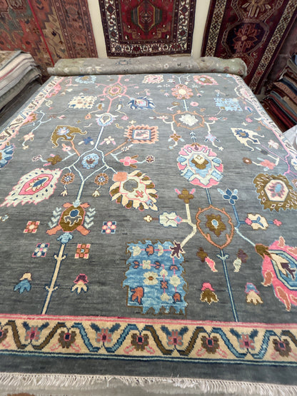 Indian Oushak Rug, 8'11" x 11'10", in baby blue, charcoal, gold and pink