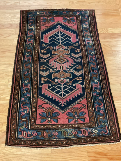 Antique Persian Hamadan Rug, 2'11" x 4'11", in blue, brown, navy and rose