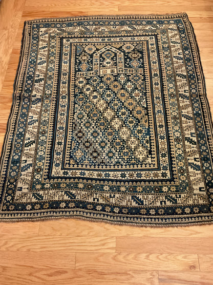 Antique Russian Kazak Rug, 4'8" x 5'5", in beige, blue, ivory and navy