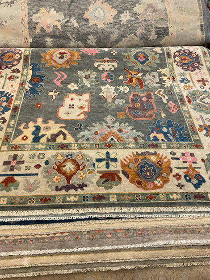Indian Oushak Rug, 8'11" x 12', in blue, gold, grey and ivory - photo 2
