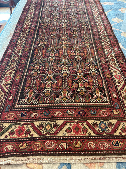 Antique Persian Kurdish Runner, 3'5" x 10'10", in brown, ivory and red