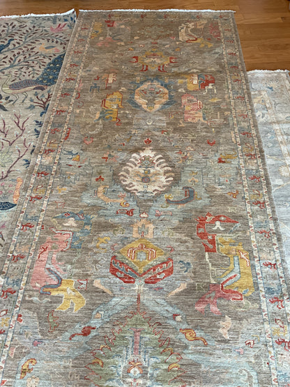 Afghan Peshawar Runner, 4'3" x 10', in brown, gold, grey and pink
