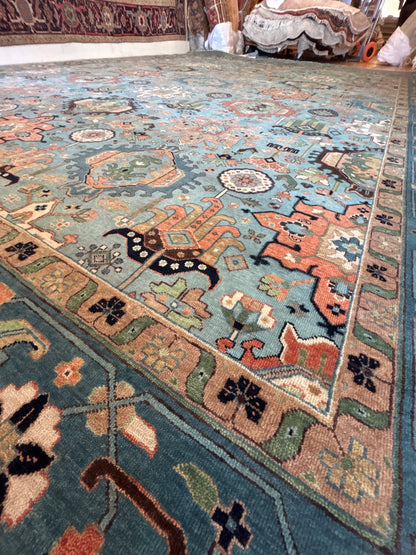 Indian Serapi Rug, 12'2" x 15'9", in baby blue, ivory, salmon and teal - photo 5