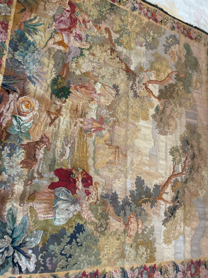 Antique European Belgium Handloom Tapistry Tapestry, 6'10" x 7'10", in beige, blue, gold and green