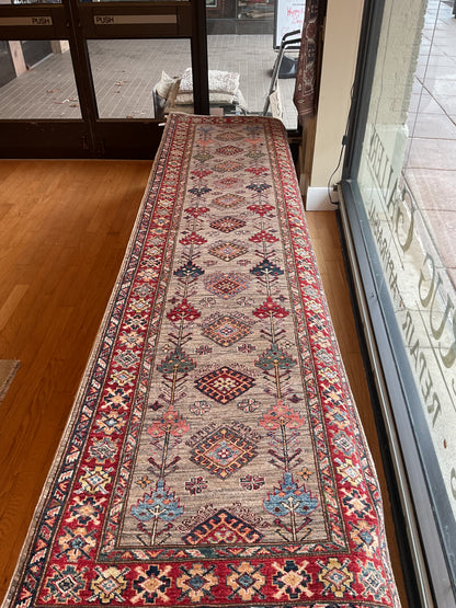Afghan Kazak Runner, 2'9" x 10'8", in beige, grey, navy and red