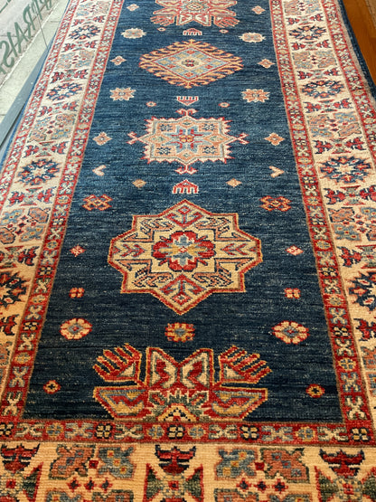 Afghan Kazak Runner, 2'8" x 10', in gold, ivory, navy and red