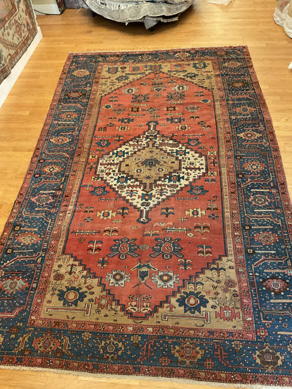 Antique Persian Serapi Rug, 8'3" x 13'3", in beige, blue, navy and rust