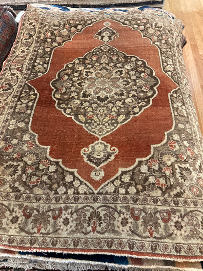 Antique Persian Tabriz Rug, 4'11" x 5'4", in ivory and rust