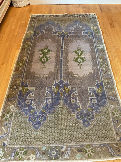 Vintage Turkish Anatolian Rug, 4'7" x 8'8", in green, grey, khaki and periwinkle