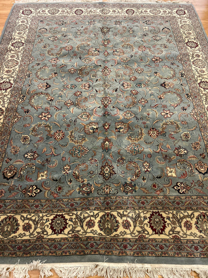 Vintage Indian Kashan Rug, 8' x 10', in baby blue, brown, grey and ivory