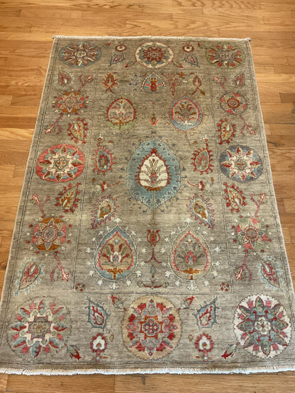 Afghan Mohal Rug, 4' x 5'11", in grey, ivory, red and teal