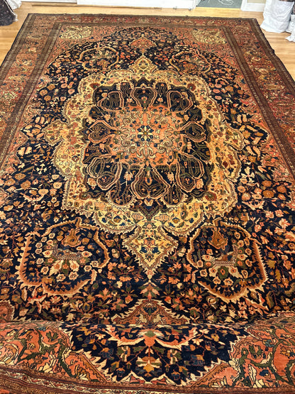 Antique Persian Sarouk Farahan Rug, 13'11" x 22'6", in gold, navy, rust and salmon - photo 7