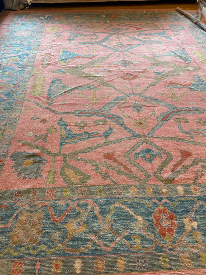 Turkish Oushak Rug, 12'8" x 14'7", in blue, green, pink and yellow - photo 4