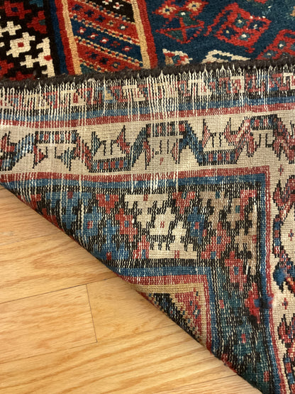 Antique Persian Kurdish Rug, 4' x 5'6", in blue, ivory, navy and red - photo 4