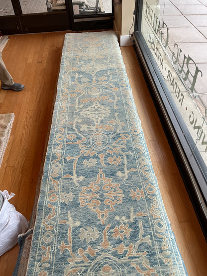 Turkish Oushak Runner, 2'9" x 15'9", in baby blue, ivory and peach