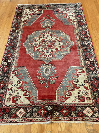 Vintage Turkish Anatolian Rug, 4'9" x 7'9", in black, grey, ivory and red